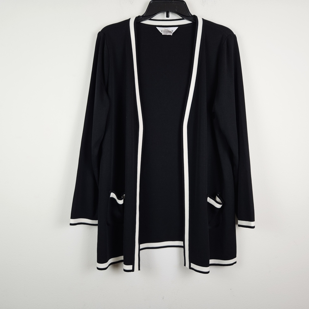 Exclusively Misook Open Front Cardigan Size Large Black With White Trim
